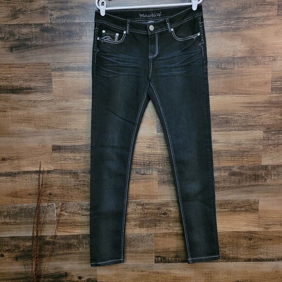 Maurices Jeans Size 32 Skinny Mid Rise Embellished Thick Stitch Black Stretch - Picture 2 of 12